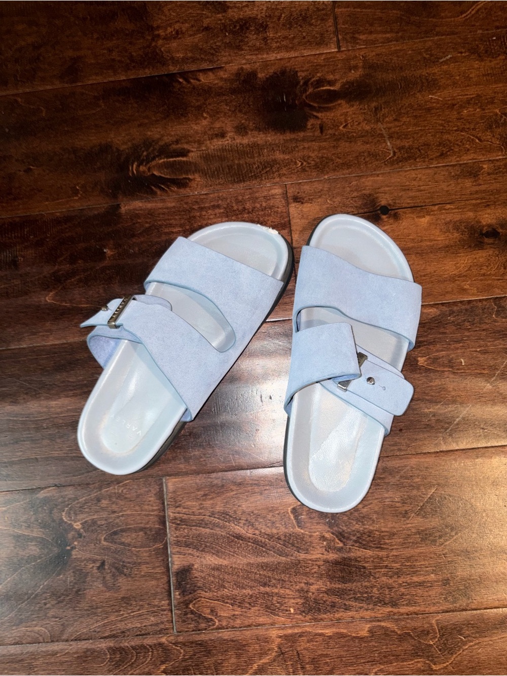 Varley Light Blue Suede Slide Sandals